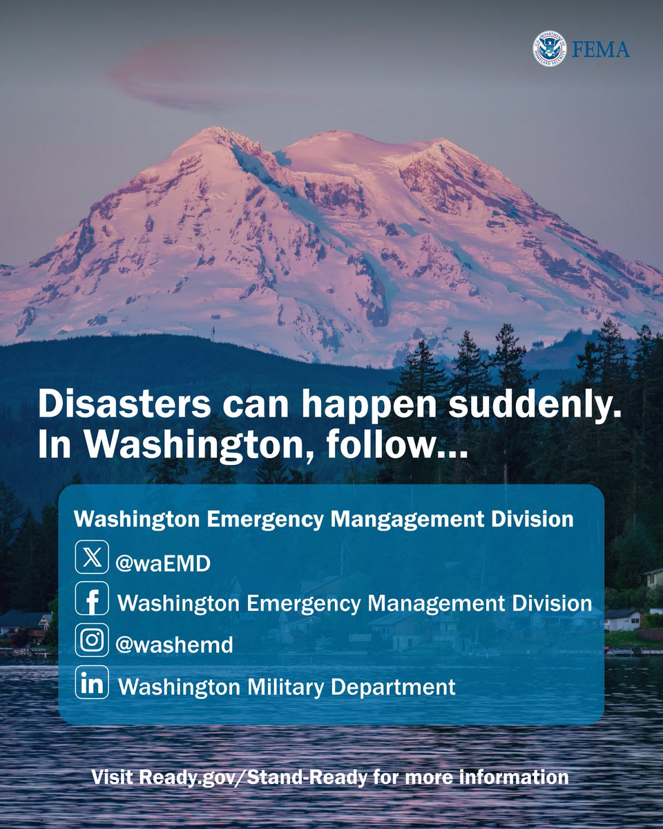 Image shows a photo of Mount Rainier with a lake in front of it. Text shows Washington Emergency Management Division and a list of their social media accounts.