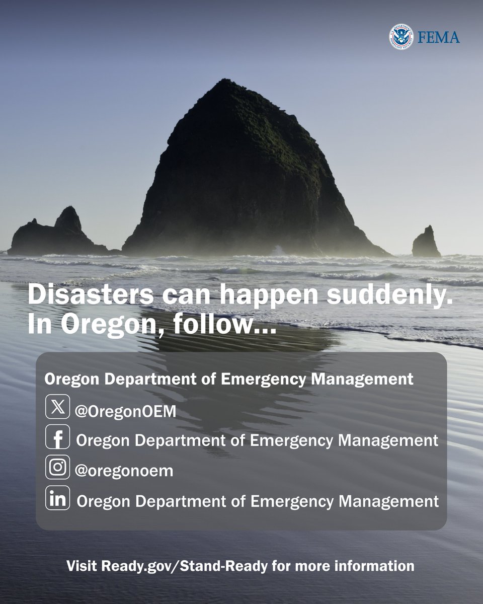 Image shows a photo of Cannon Beach. Text shows Oregon Department of Emergency Management and a list of their social media accounts.