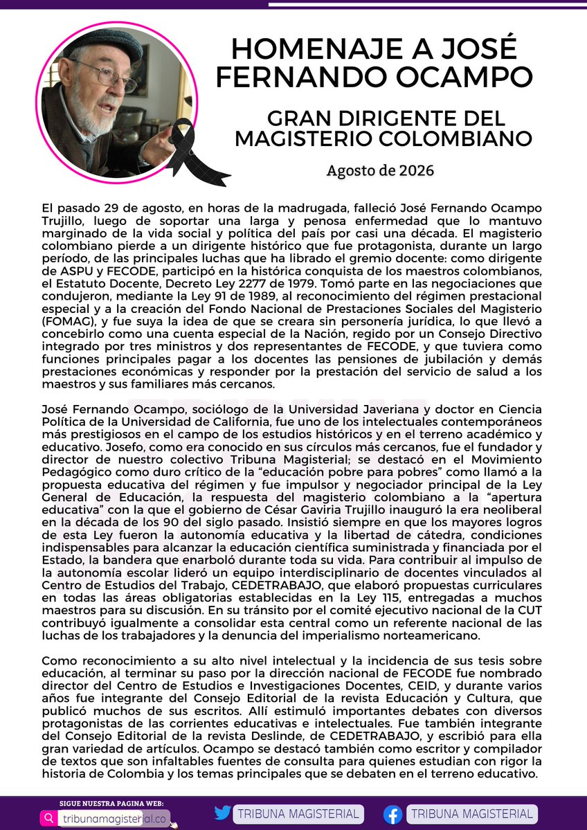 TribunaMagister's tweet photo. HOMENAJE A JOSÉ FERNANDO OCAMPO – GRAN DIRIGENTE DEL MAGISTERIO COLOMBIANO 🖤🕊️

📌 Lea completo aquí: https://t.co/HkoU9bXjm6 https://t.co/V4KbZceg6p