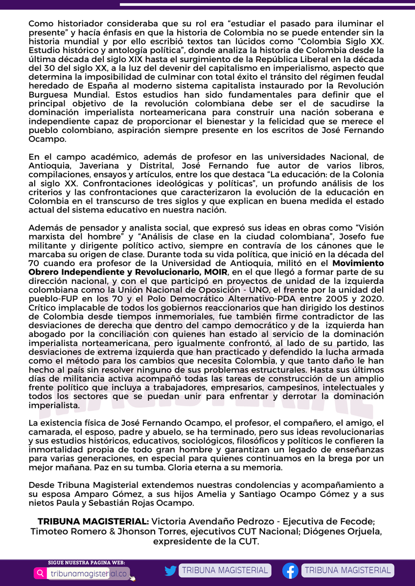 TribunaMagister's tweet photo. HOMENAJE A JOSÉ FERNANDO OCAMPO – GRAN DIRIGENTE DEL MAGISTERIO COLOMBIANO 🖤🕊️

📌 Lea completo aquí: https://t.co/HkoU9bXjm6 https://t.co/V4KbZceg6p