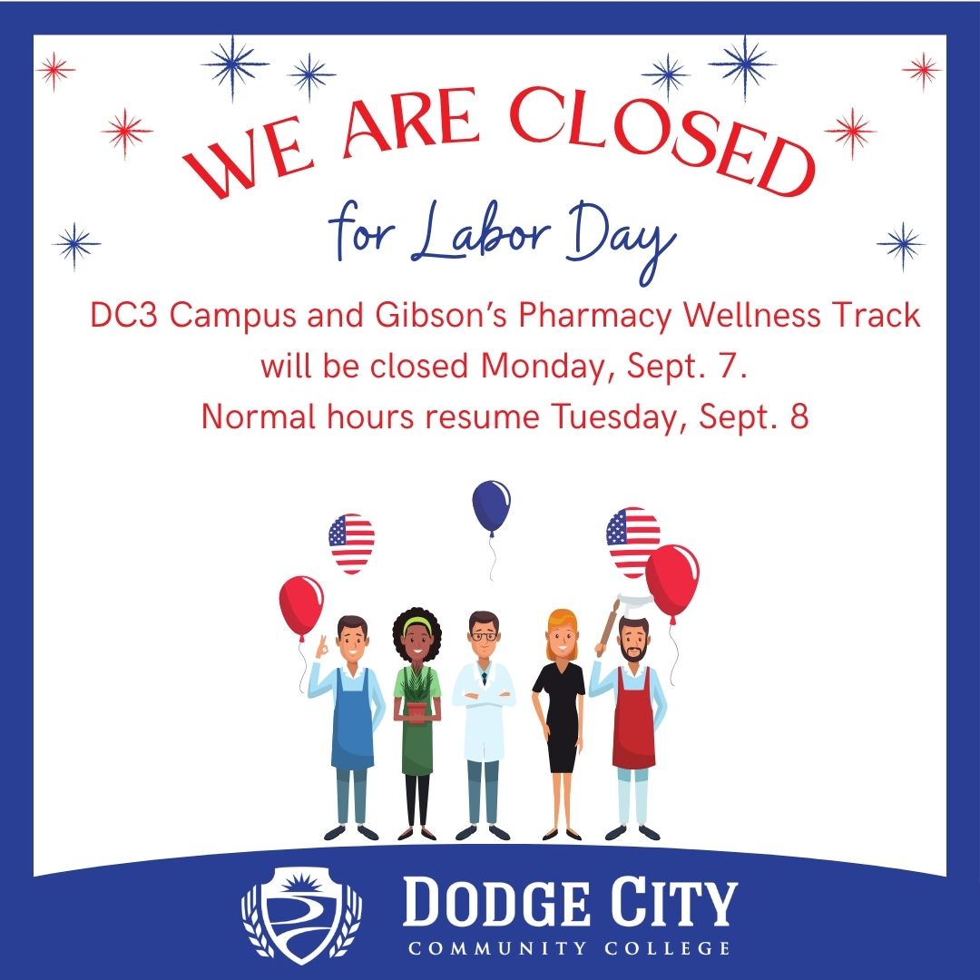DodgeCityCC's tweet photo. Conq Nation is taking a Labor Day break on Monday, Sept. 7! College facilities and the Gibson's Pharmacy Wellness Track will reopen for regular operations on Tuesday, Sept. 8. https://t.co/NlQNb1obD6
