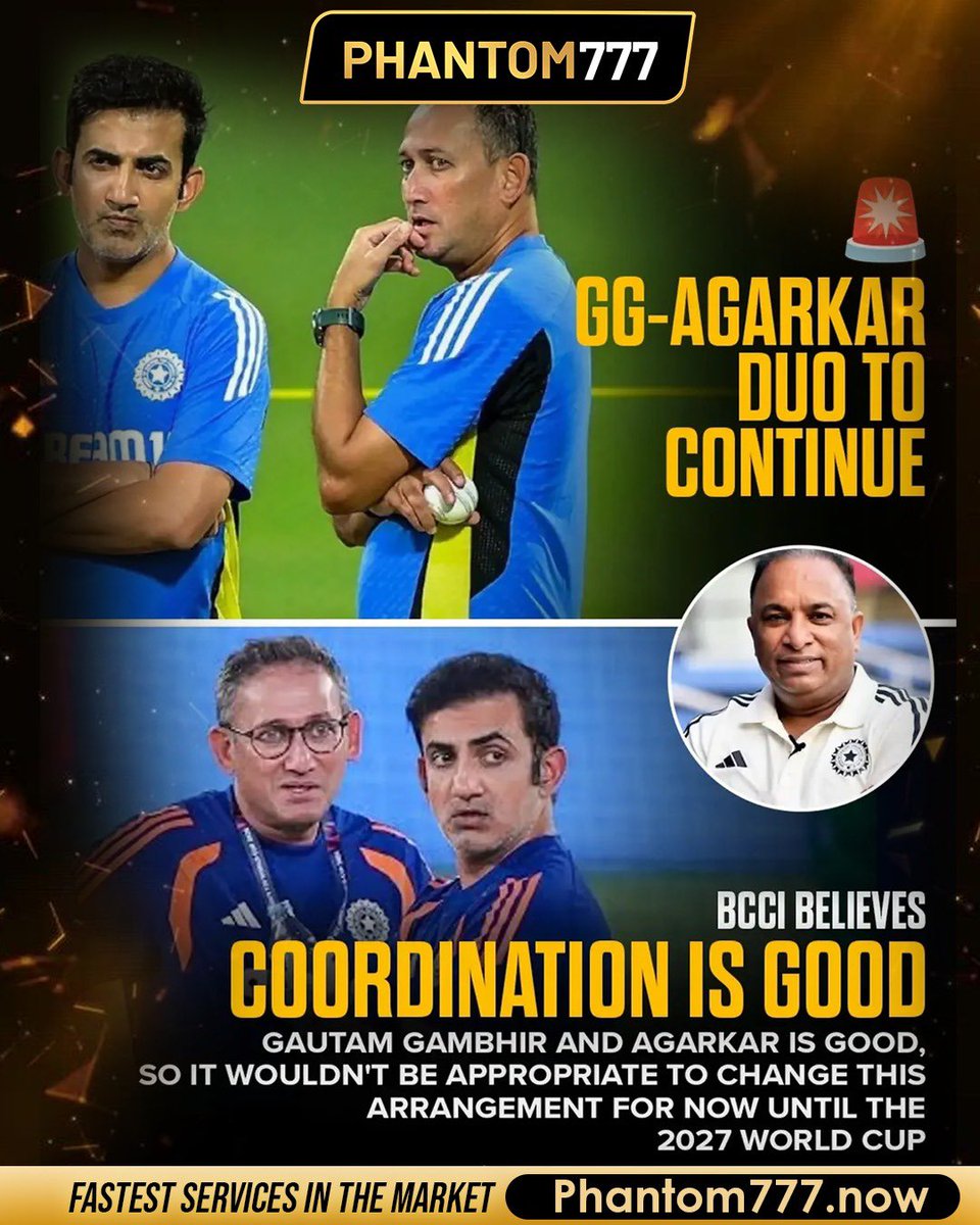 phantom777com's tweet photo. BCCI backs Gambhir and Agarkar all the way to 2027! 🤝🇮🇳
#TeamIndia #GautamGambhir #AjitAgarkar #BCCI #CWC2027 https://t.co/GJD7mRCL3b