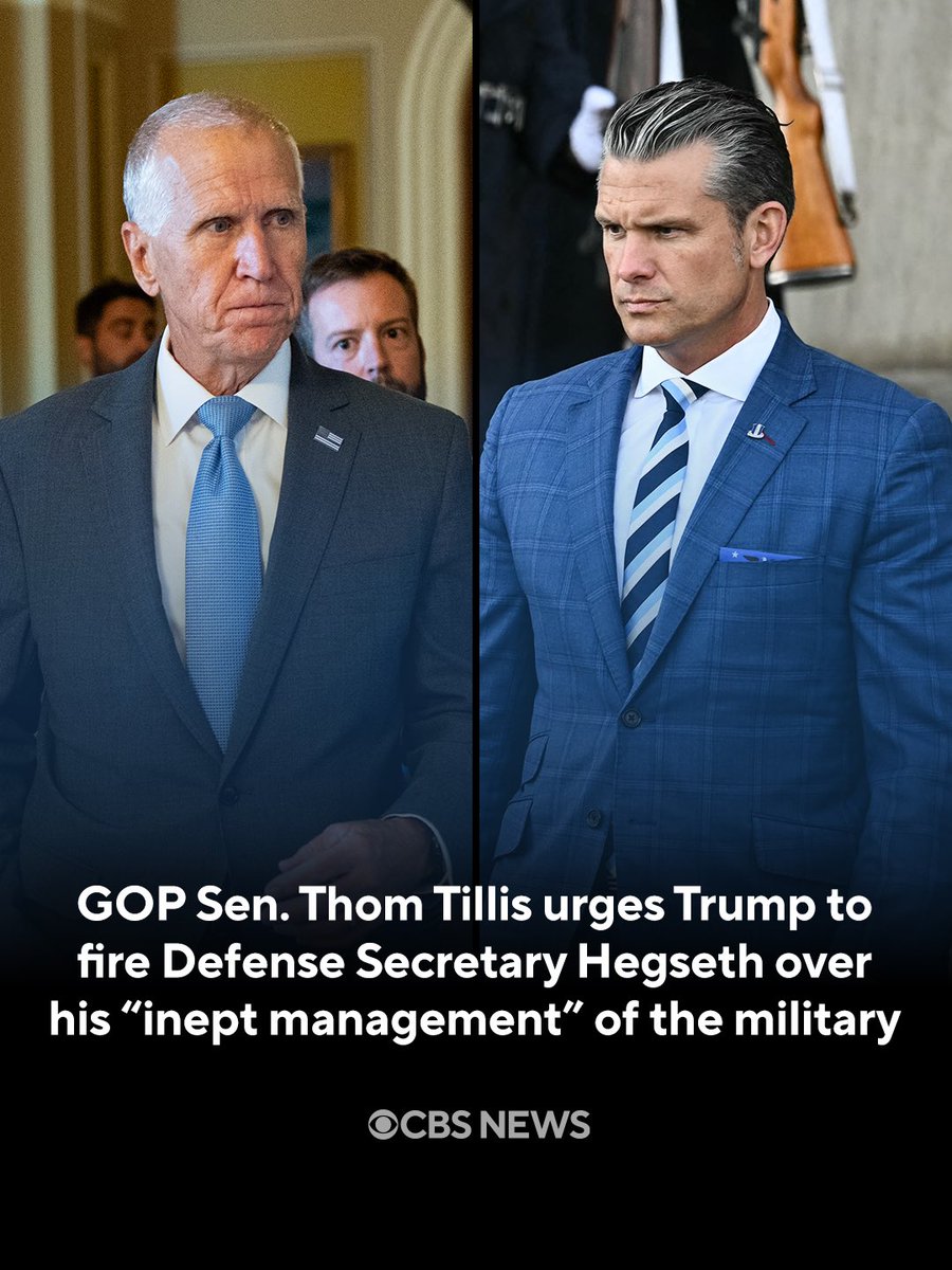 CBSNews's tweet photo. Sen. Thom Tillis (R-NC) accused Defense Secretary Pete Hegseth on Wednesday of “creating a leadership void at the top of our military ranks” following Army Secretary Dan Driscoll’s resignation and urged President Trump to “find a new leader at the Pentagon.”

CBS News has reported that Driscoll resigned after months of friction with Hegseth, and at least 20 generals, admirals and civilian defense leaders have been fired or have departed their jobs since Pete Hegseth became defense secretary at the beginning of the second Trump administration.