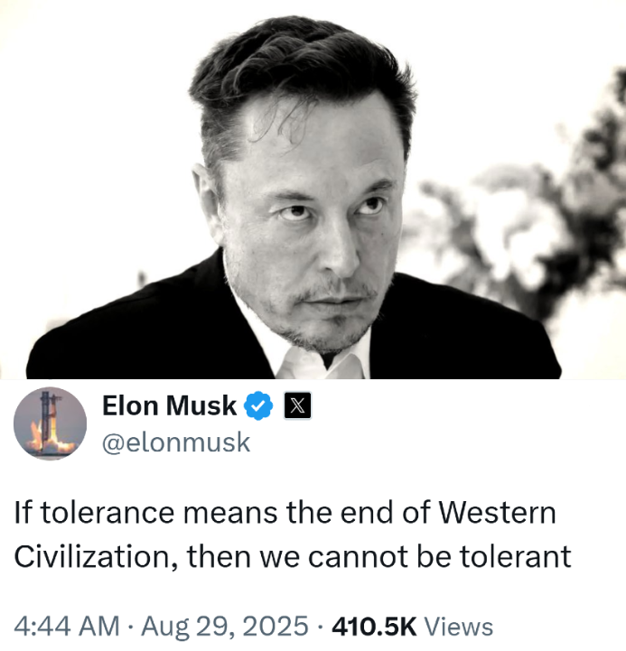 OldeWorldOrder's tweet photo. ELON MUSK: "If tolerance means the end of Western Civilization, then we cannot be tolerant." https://t.co/Noa2UGvzpx