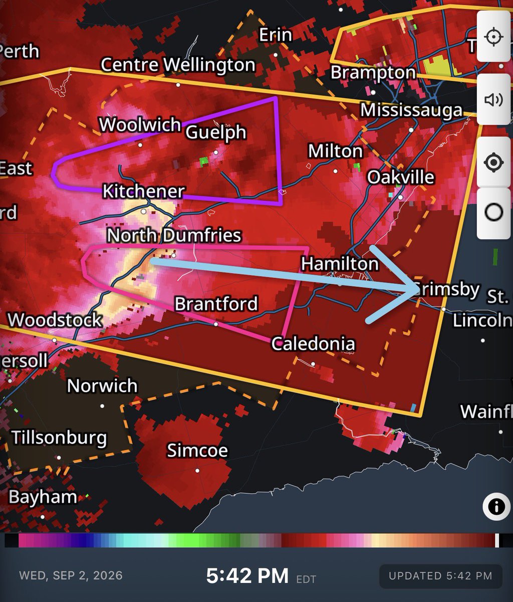IWeatherON's tweet photo. #ONStorm #ONwx THIS IS A LIFE-THREATENING STORM!!

Destructive wind gusts with multiple pockets of embedded rotation are very likely producing tornadoes.

Kitchener, Brantford, Guelph, Hamilton and Burlington you are in IMMEDIATE DANGER!

Seek shelter, NOW!

Join us live: https://t.co/PlwJ340YJa

- Brennen
