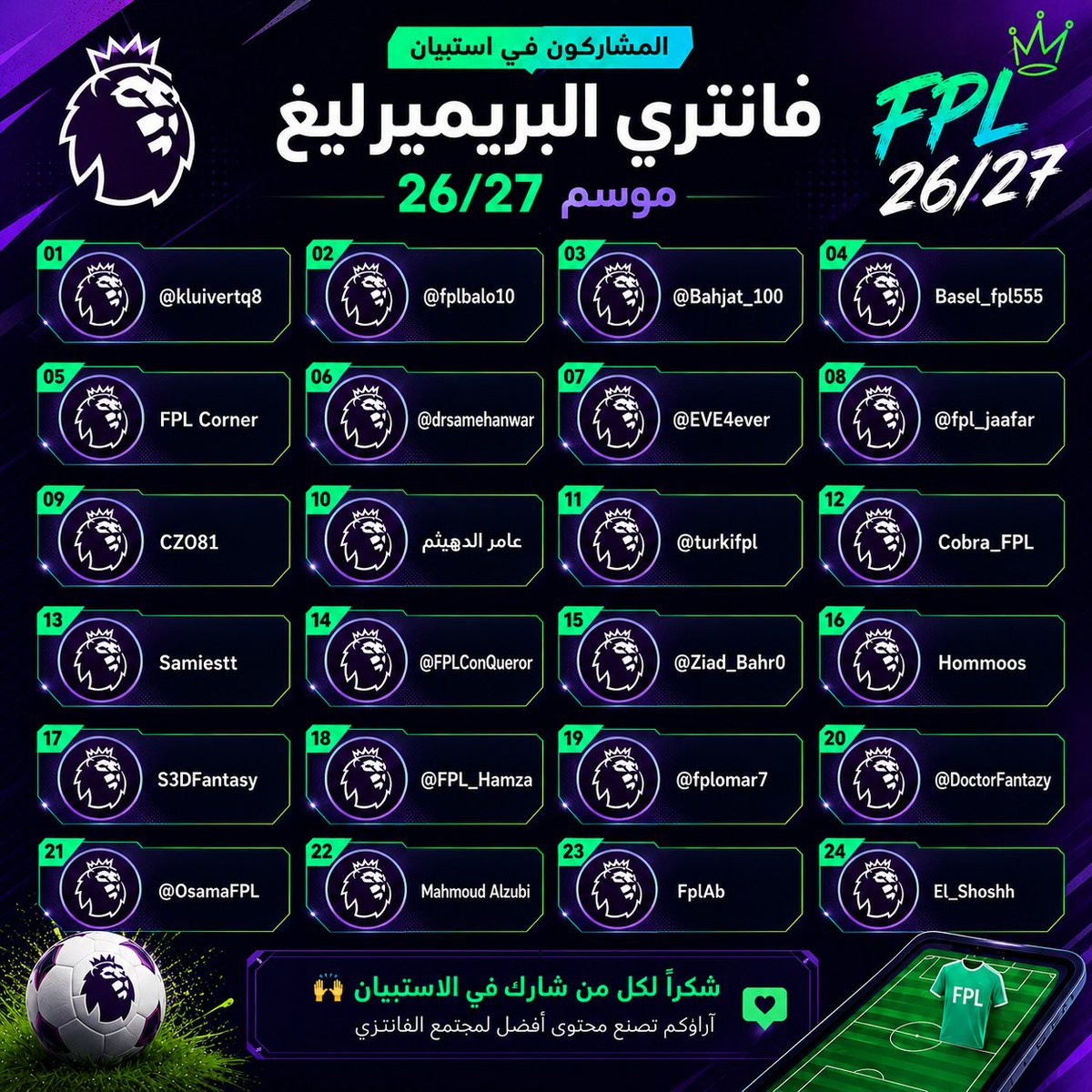 Top5FPL's tweet photo. 🧵 ثريد | سألت 24 صانع محتوى وخبير عربي في فانتزي البريميرليغ عن آرائهم للجولة الثالثة 👀

مين أفضل اللاعبين للشراء؟ ومن يستحق البيع؟ وش الخواص اللي ناوين يستخدمونها؟ ومن يستحق شارة الكبتنة؟ 🎯

جمعت لكم إجاباتهم، وبإذن الله بنشوف من خلال الثريد توجه المجتمع العربي قبل الجولة الثالثة، وين فيه إجماع ووين تختلف الآراء.

شكرًا لكل شخص شارك بالاستبيان 🤍 وإن شاء الله الجولات الجاية يكون العدد أكبر ونقدر نرصد توجه المجتمع العربي بشكل أدق.

نبدأ 👇🏻

#FPL