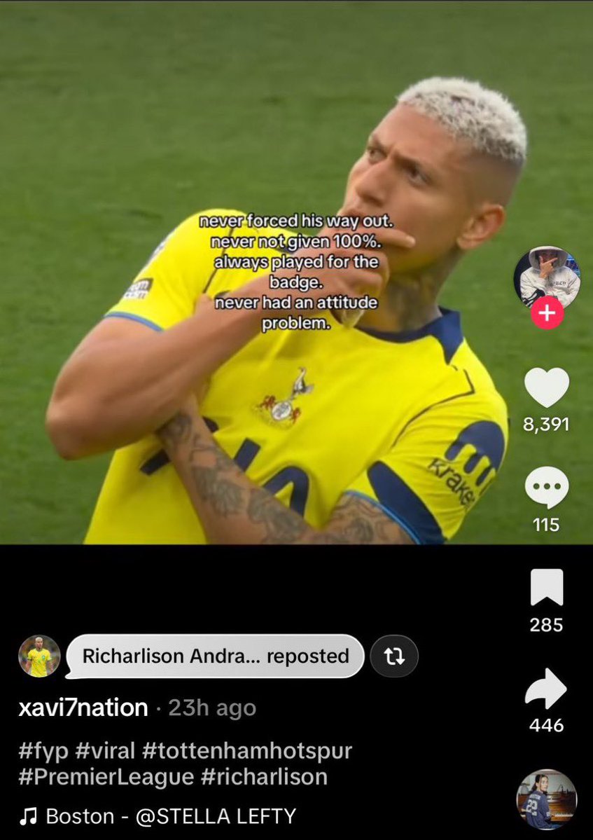 TheSpursWatch's tweet photo. 🚨📱Richarlison has reposted this TikTok amid his uncertain future at the club:

“Never forced his way out. 
Never not given 100%. 
Always played for the badge. 
Never had an attitude problem.” https://t.co/qvcyNpdhcm