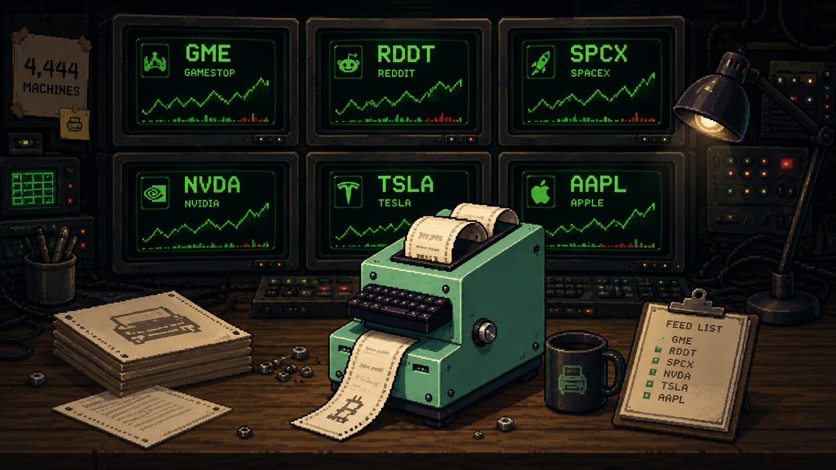 printers_rh's tweet photo. One machine · One feed🖨️

Every printer is assigned one stock at mint and keeps it for life

GME · RDDT · SPCX · NVDA · TSLA · AAPL

The allocation is even, so no ticker is rare and none is a consolation prize

Your machine knows what it prints https://t.co/tiwXtfeP0j