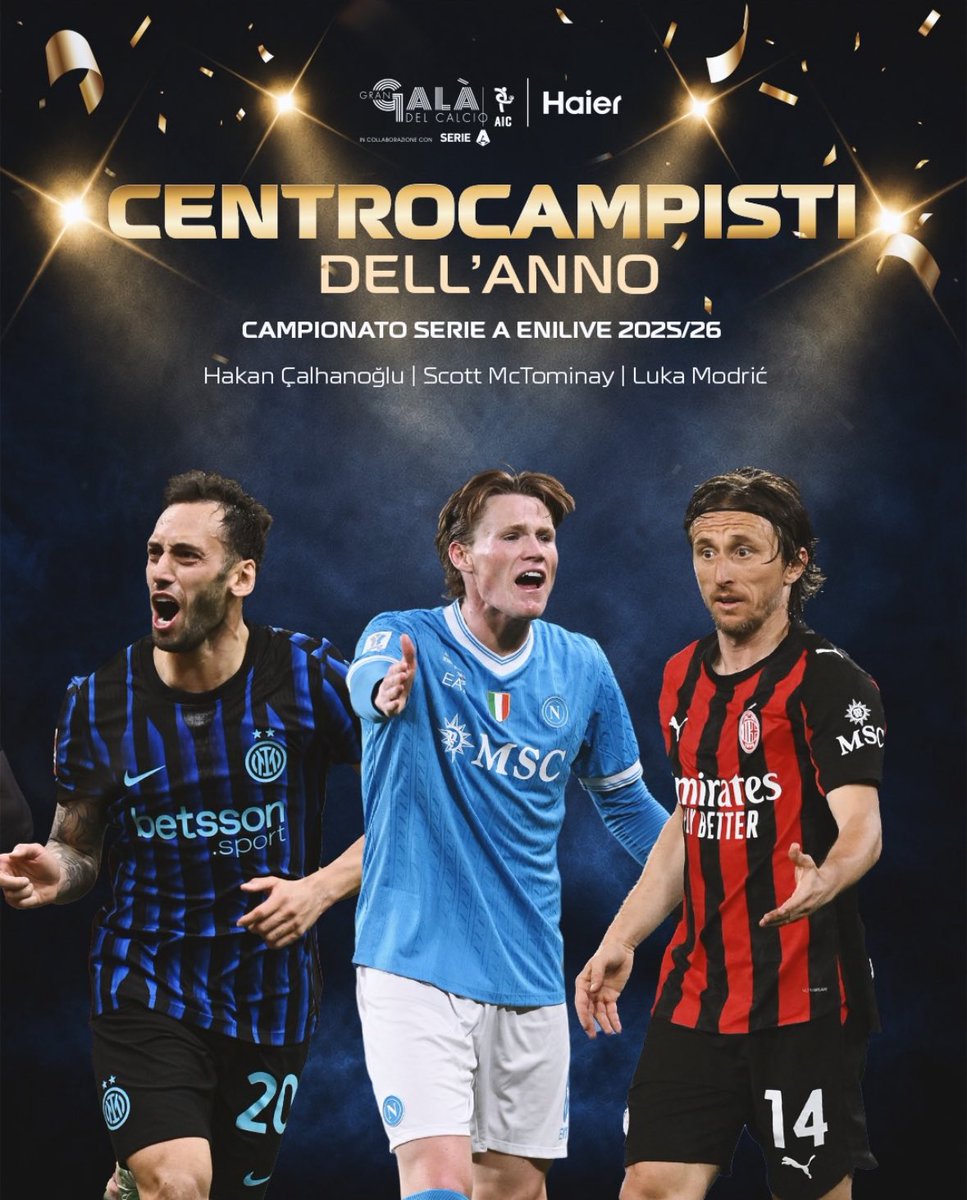 piacere_inter's tweet photo. 🏆🌟 Gran Galà del Calcio, i migliori centrocampisti per la stagione 2025/2026 sono: McTominay, Calhanoglu, Modric.
#GGDC26 https://t.co/MQiwaGD7bx