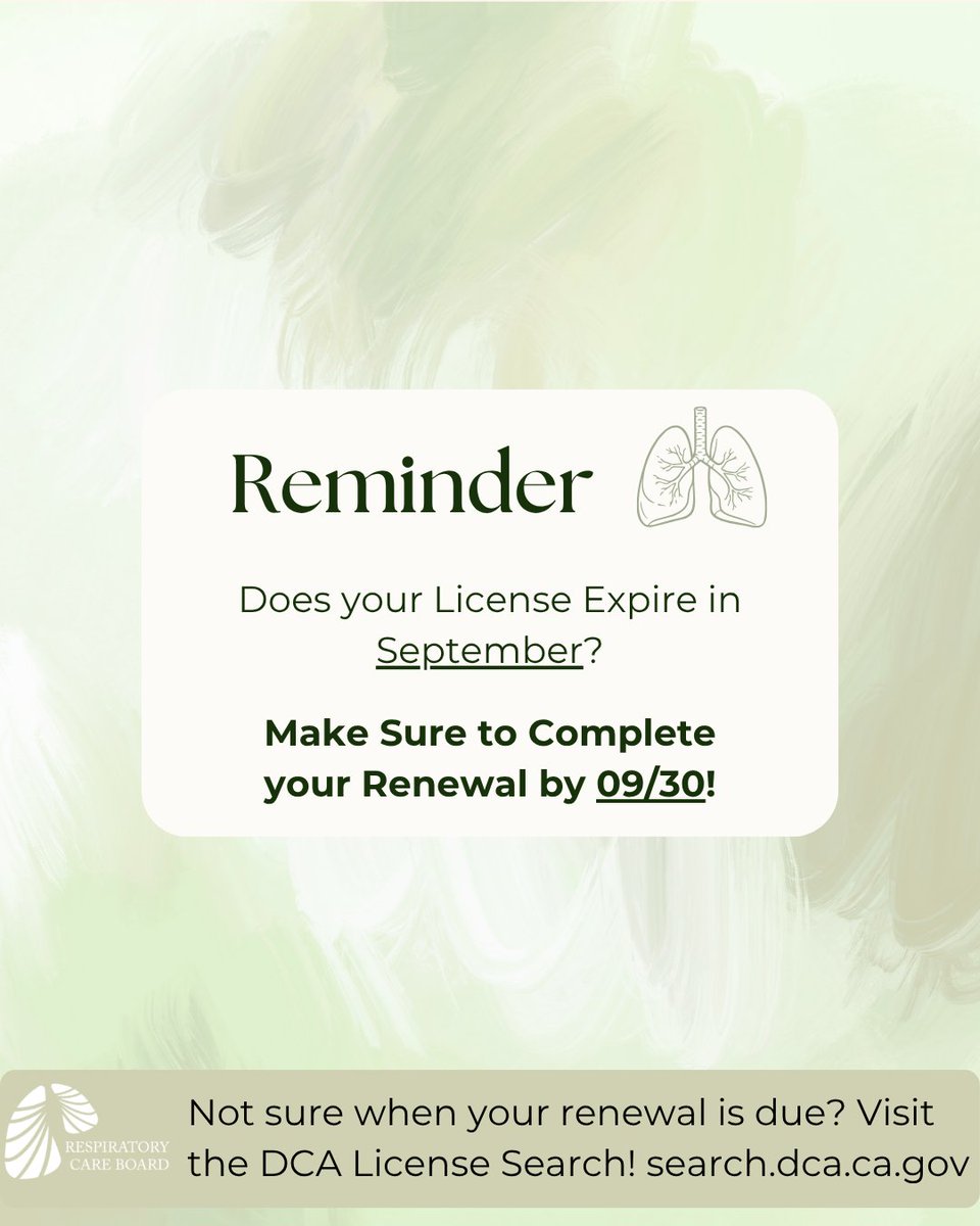 RCBofCA's tweet photo. 💨 License Renewal Reminder

💻 Complete your online renewal through Breeze to avoid delays.
🔍 Check your renewal date using the DCA License Search at https://t.co/zRMjfgmaPX
📄 For more information on renewals, visit RCB Renewal Info: https://t.co/UsDGt5z4hU https://t.co/TMmAj9rwTZ