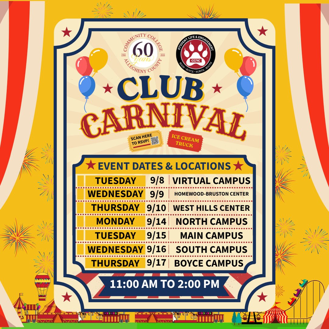CCACStudentLife's tweet photo. 🎪 Club Carnival is coming to CCAC! Meet student clubs, find new ways to get involved, play some carnival games, and connect with other students. Stop by when Club Carnival comes to your campus and see what catches your interest! 🐾

#SLEDevent #CCAC #ClubCarnival https://t.co/MGM13oKLfn