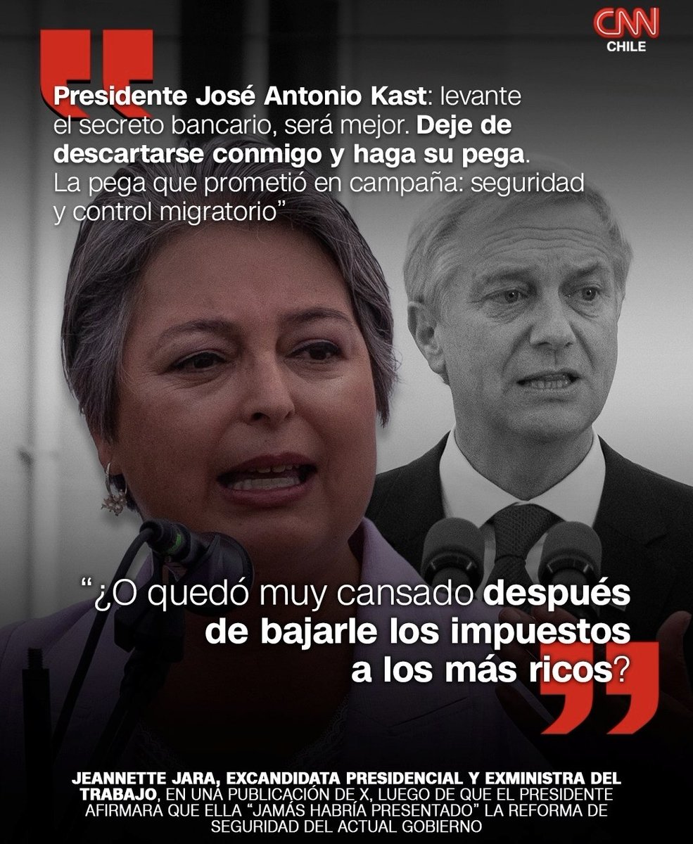 RobertoMerken's tweet photo. 🔴 Notable

Kast la increpa y Jare le dice “deje de descartarse conmigo y haga su pega”.

Jara la devuelve con maestría:

“¿O quedó muy cansado después de bajarle los impuestos a los más ricos?” https://t.co/abh1QysOTw