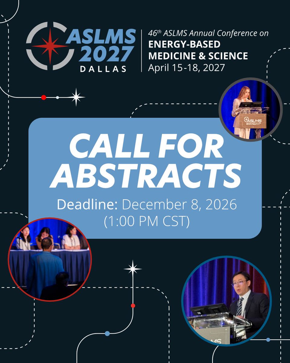 aslmsedu's tweet photo. The #ASLMS2027 Call for Abstracts is open! Present your abstracts at the premier international meeting in the field of medical lasers and energy-based technologies. To learn more and submit an abstract, visit https://t.co/ow5ciuadhi
#ASLMS #abstracts #callforabstracts #lasers https://t.co/736P5LtVCc