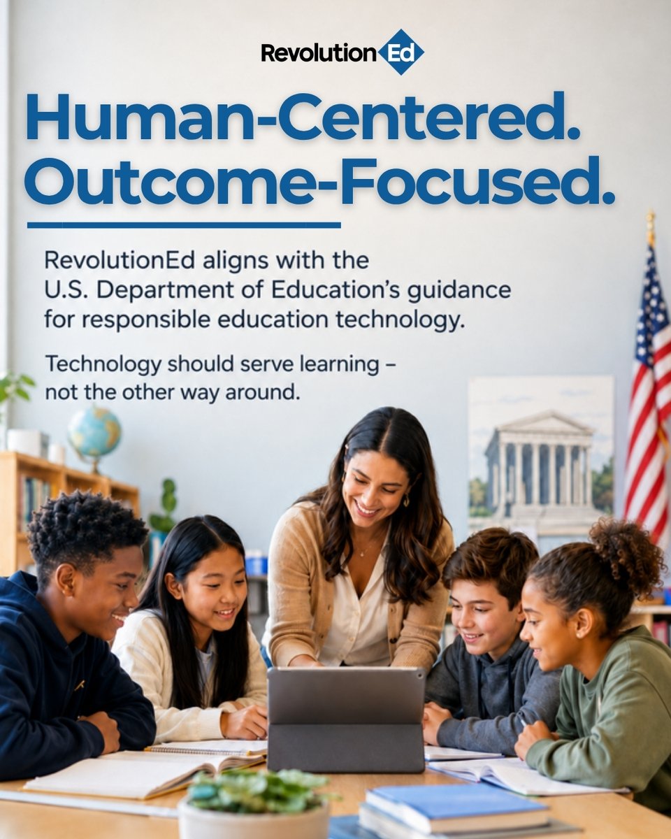 RevolutionEd_US's tweet photo. The conversation around education technology is changing – and we believe that's a good thing.

New guidance from the U.S. Department of Education encourages schools to look beyond technology adoption and ask a more important question:

Does this technology meaningfully improve teaching and learning?

At RevolutionEd, we believe technology should strengthen educator expertise, respond to learner needs, and support meaningful instructional outcomes.

That's why our approach is simple:
Human-Centered. Outcomes-Focused.

Technology isn't the goal. Better teaching and learning are.
#RevolutionEd #ResponsibleEdTech #EdTech #EducationTechnology #K12Education