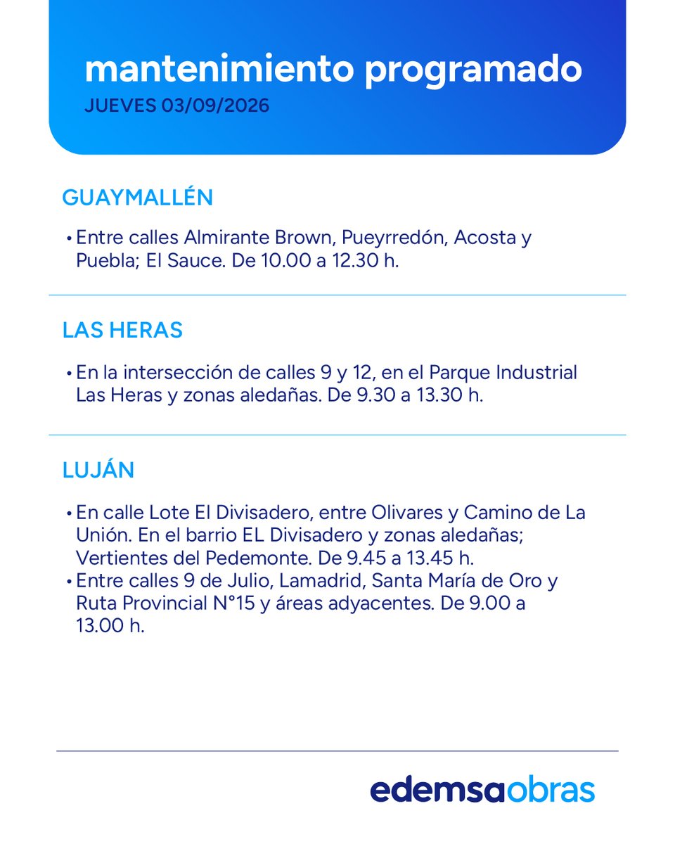 Edemsa's tweet photo. ⚠️ Mantenimiento Programado #Edemsa
Jueves 3 de Septiembre.
Afectación del servicio en las siguientes zonas y horarios.
Recordá que podés consultar la semana de #Mantenimiento2026 en nuestra web https://t.co/dXA7e8Bp7r https://t.co/pw9q9oJPW2