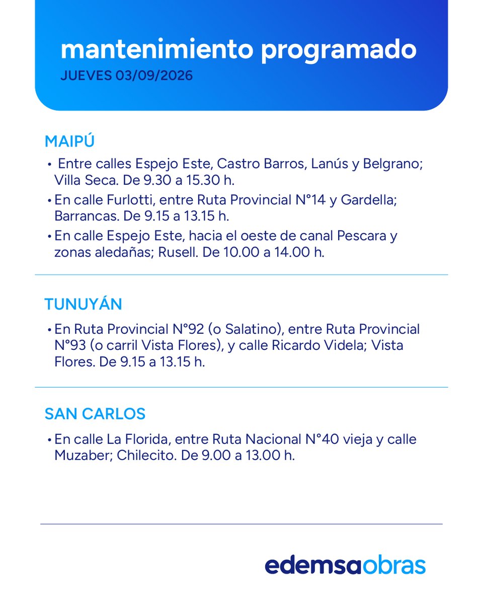 Edemsa's tweet photo. ⚠️ Mantenimiento Programado #Edemsa
Jueves 3 de Septiembre.
Afectación del servicio en las siguientes zonas y horarios.
Recordá que podés consultar la semana de #Mantenimiento2026 en nuestra web https://t.co/dXA7e8Bp7r https://t.co/pw9q9oJPW2