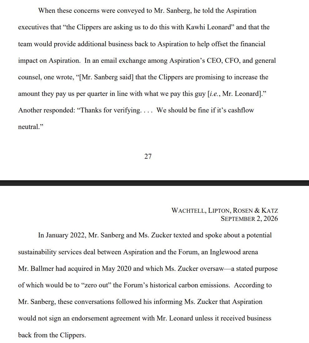 MikeVorkunov's tweet photo. How the Aspiration-Kawhi contract happened, according to NBA report: 

A top Clippers executive helped facilitate and manage an Aspiration endorsement deal for Leonard. It was explicitly tied to sustainability services contract for Aspiration for The Forum. Aspiration co-founder asked for business back from the Clippers to match Kawhi endorsement deal. Their contract would have Clippers pay Aspiration for work on The Forum and initially had no details on what specifics Aspiration would provide. Leonard was paid $7 million annually.