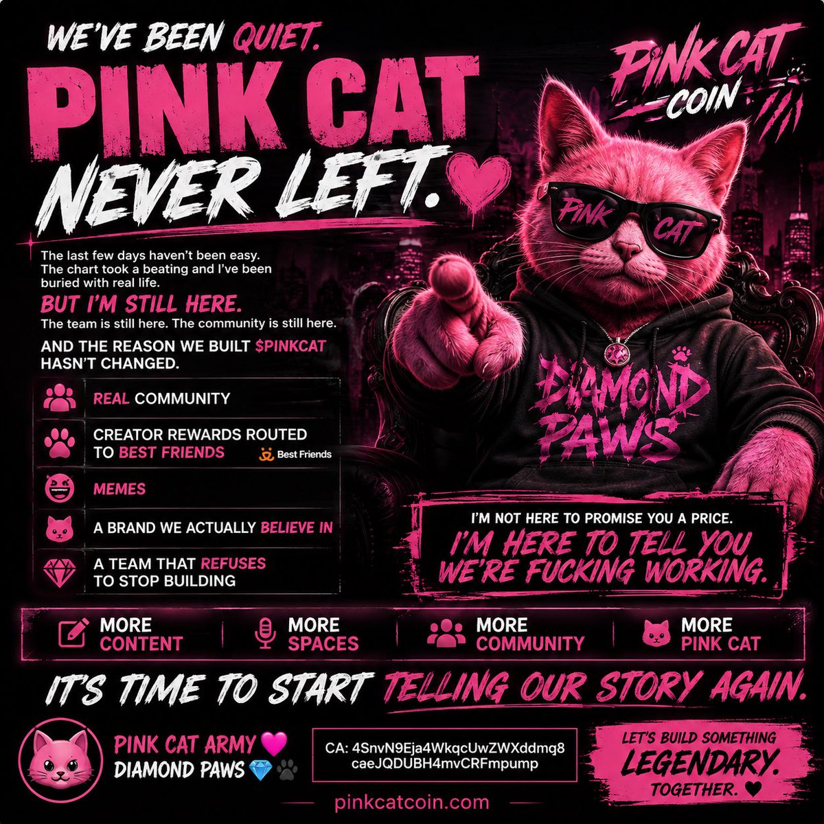 ThePinkCatCoin's tweet photo. WE’VE BEEN QUIET.

BUT PINK CAT NEVER FUCKING LEFT. 💗🐱

The last few days haven’t been easy. The chart took a beating and I’ve been buried with real life.

But I’m still here. The team is still here. The community is still here.

And the reason we built $PINKCAT hasn’t changed.

💗 REAL community
🐾 Creator rewards routed to Best Friends
😂 MEMES
🐱 A brand we actually believe in
💎 A team that REFUSES to stop building

I’m not here to promise you a price.

I’m here to tell you WE’RE FUCKING WORKING.

More content. More Spaces. More community. More Pink Cat.

It’s time to start telling our story again.

PINK CAT ARMY 💗🐱
DIAMOND PAWS 💎🐾

CA: 4SnvN9Eja4WkqcUwZWXddmq8caeJQDUBH4mvCRFmpump

https://t.co/mbgLqEs7F6