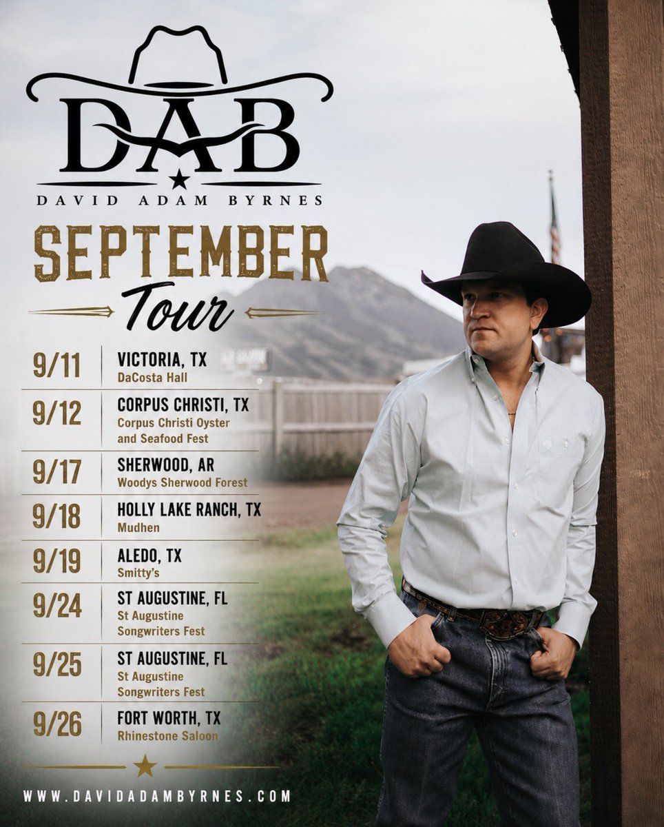 davidadambyrnes's tweet photo. September on the road. 🤠 Texas, Arkansas &amp; Florida. Which one are we seeing y’all at?” 

https://t.co/KM2l66TE2U 
#TexasCountry #CountryMusic https://t.co/Ds4zCYYtVu