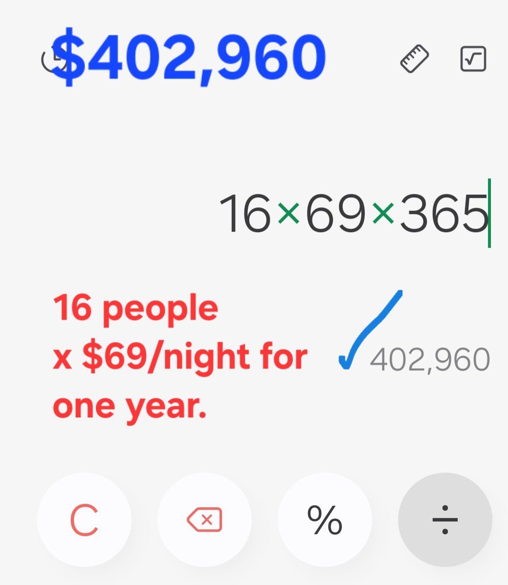 EricGustafsonX's tweet photo. @CvilleBubble Cville could've housed these 16 people for an entire year in the Royal Inn Motel for only 13% of the fees they're paying the Arizona firm for startup! With daily maid service!

Half of this money if two per hotel room.

$403,960 would've stayed local. No $8,000,000 building. https://t.co/Eb34KO8oBk
