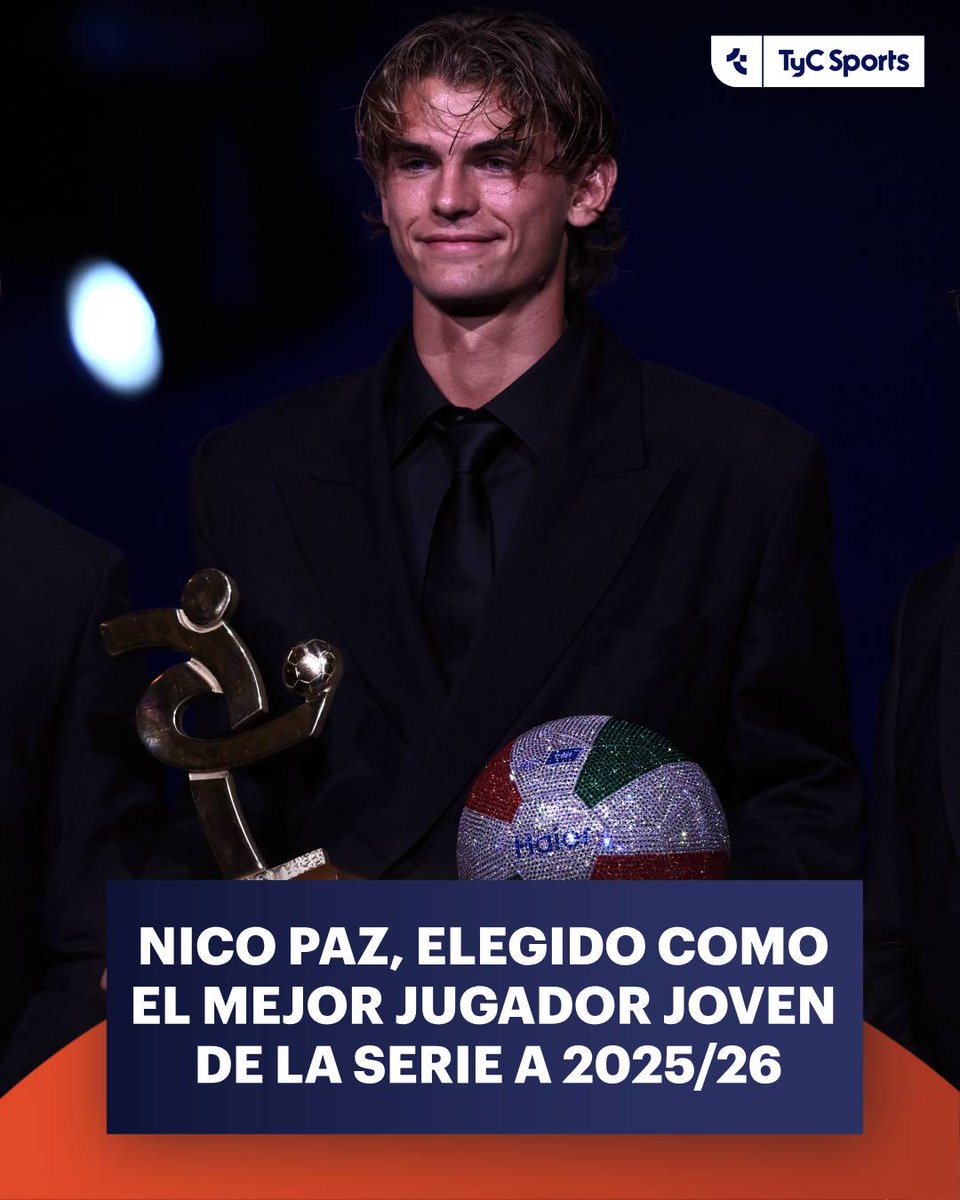 TyCSports's tweet photo. NICO PAZ, ELEGIDO COMO EL JUGADOR JOVEN DE LA SERIE A 2025/26

El argentino fue galardonado en la Gran Gala del Calcio AIC, en donde votan lo jugadores que integran la liga, y además compone el XI ideal. https://t.co/otll0njEaR