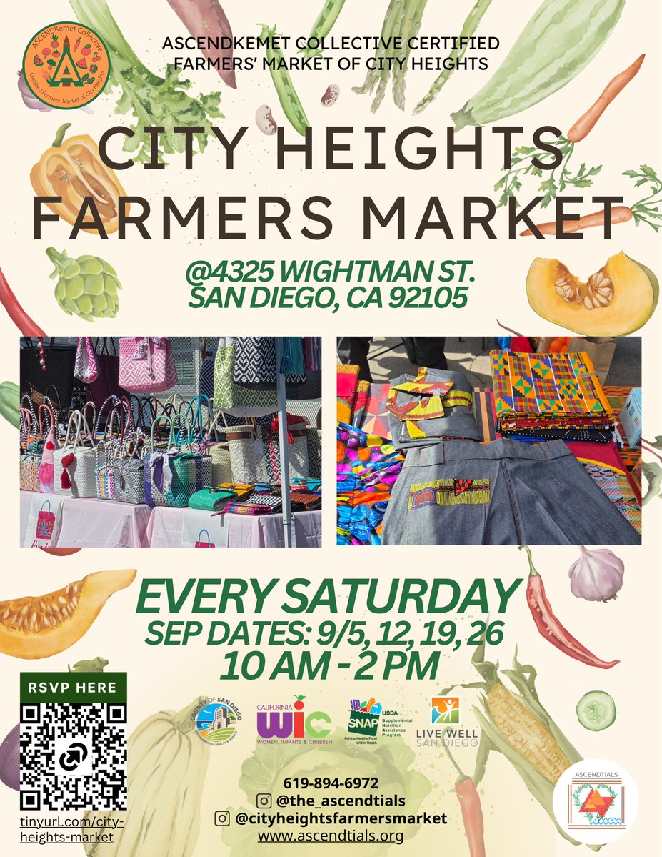 ascendtials's tweet photo. 🌱🧺 City Heights Farmers’ Market is happening this Saturday! 🧺🌱

Bring your friends and family, shop local, and connect with the City Heights community! ✨

🔗 RSVP through the link in our bio or scan the QR code on the flyer!

#ASCENDtials #CityHeightsFarmersMarket https://t.co/sCKVdQGxZd