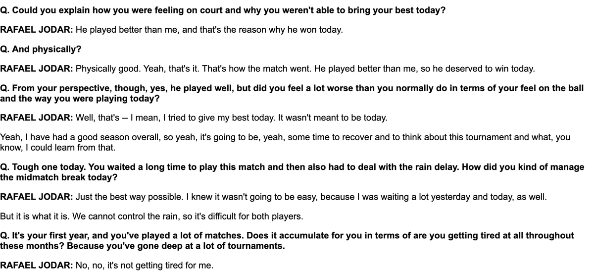 christianscourt's tweet photo. Rafa Jodar kept things pretty short and simple in his post-match press conference following his suprise lopsided loss to Bu: https://t.co/NKuqOvtnAt