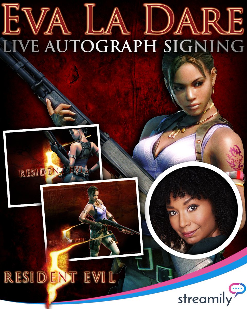 StreamilyLive's tweet photo. 🧟‍♀️ SHEVA ALOMAR IS SIGNING LIVE!

Resident Evil 5 fans, Eva La Dare aka Karen Dyer, the voice and motion-capture performer behind Sheva Alomar, has an upcoming LIVE autograph signing. She didn’t just voice Sheva, she physically performed the role too.

Her shop has a bunch of Sheva options available, including cosplay and character prints, so if RE5 is one of your favorites, this is a really fun one to grab before she goes live.

👉 https://t.co/eYYwunAT4C

#ResidentEvil5 #ShevaAlomar #EvaLaDare #KarenDyer