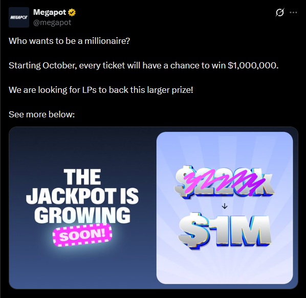 Crypto_Benz's tweet photo. 📌 Update! Megapot เตรียมอัพรางวัลสูงสุดเป็น $1M 😱

ล่าสุด @megapot เตรียมเพิ่ม Jackpot จาก $200k+ เป็น $1M เร็วๆ นี้ 

เล่น onchain ใบละดอลลุ้น $200k ใช้ลิงค์นี้ได้ตั๋วฟรี 2 ใบ เมื่อซื้อครั้งแรก 5 ใบ 👉 https://t.co/uUmcRQ4o11

นอกจากนี้ยังฝากเป็น liquidity กิน yield ได้ ตอนนี้ประมาณ 20%+ APY

ยังไง DYOR ด้วยนะครับ ขอให้รวยๆๆ 🤑

#megapot #base #onchain #lotto