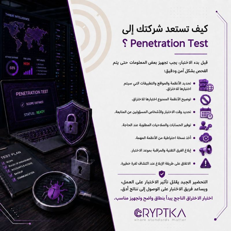 cryptika's tweet photo. قبل اختبار الاختراق، حدّد الأنظمة التي تريد فحصها، جهّز الحسابات والصلاحيات المطلوبة، أخبر الفريق التقني بموعد الاختبار، وخذ نسخة احتياطية من الأنظمة المهمة.
.
قم في زيارة موقعنا : https://t.co/eSDkS4grNC
.
https://t.co/FhsYa3bsaQ
#PenetrationTesting #CyberSecurity https://t.co/qeUg7bhXuz