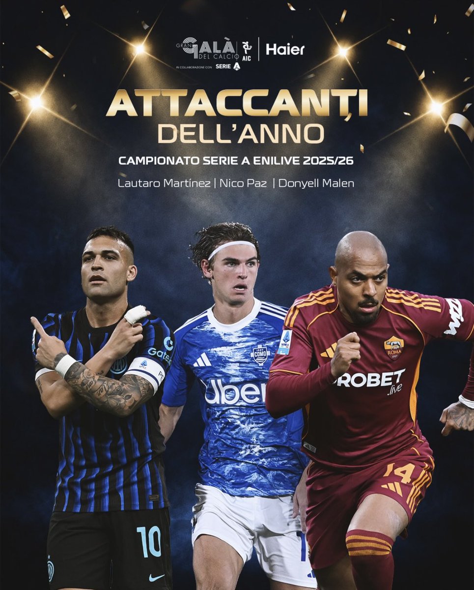 assocalciatori's tweet photo. ✨GGDC26✨
Questa la magnifica TOP 11 della Serie A Enilive 2025/26🏆
#GGDC26 #AIC #SerieA #Haier #TeatroallaScala https://t.co/gsx3XIBHXq