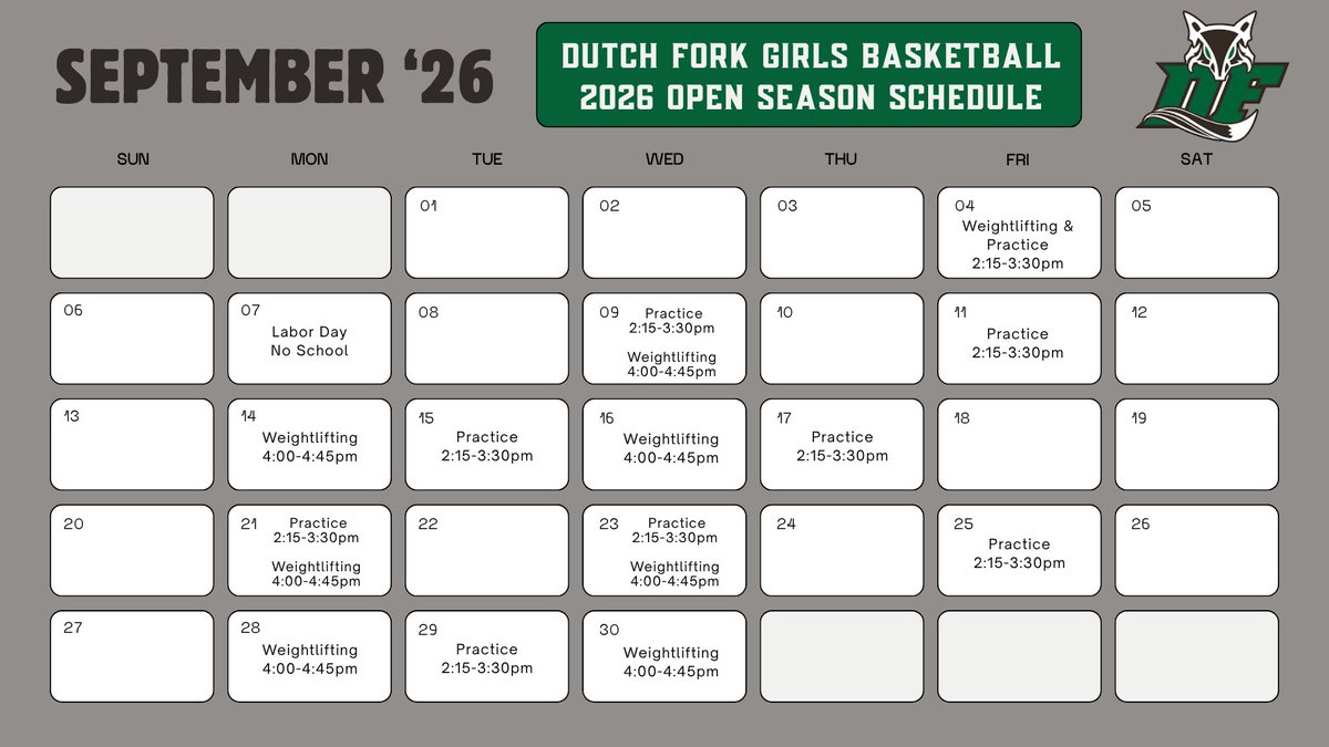 df_girlsbb's tweet photo. Here’s our September 2026 open season schedule, for any coaches who are wanting to join us for a practice or two! #ChasingHistoryClaimingDestiny #DutchForkGirlsBasketball https://t.co/0NMf8HJN1E