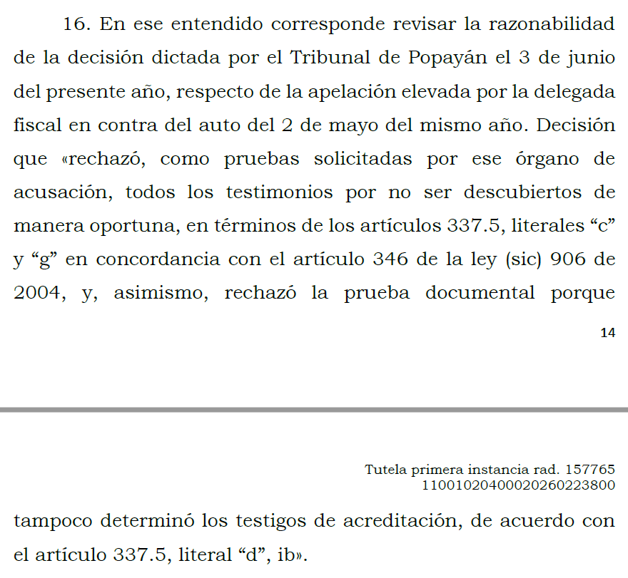 loviedoH's tweet photo. Corte S. Rad. 157765/26. 

Fiscalía en E. de Acusación no relacionó nombre, dirección y datos personales de testigos. Tampoco enunció testigo de acreditación de documentos. Procediendo el rechazo de las solicitudes.
 
Comparto decisión;

https://t.co/6p4AKtbhU9 https://t.co/VkyXmeK46I