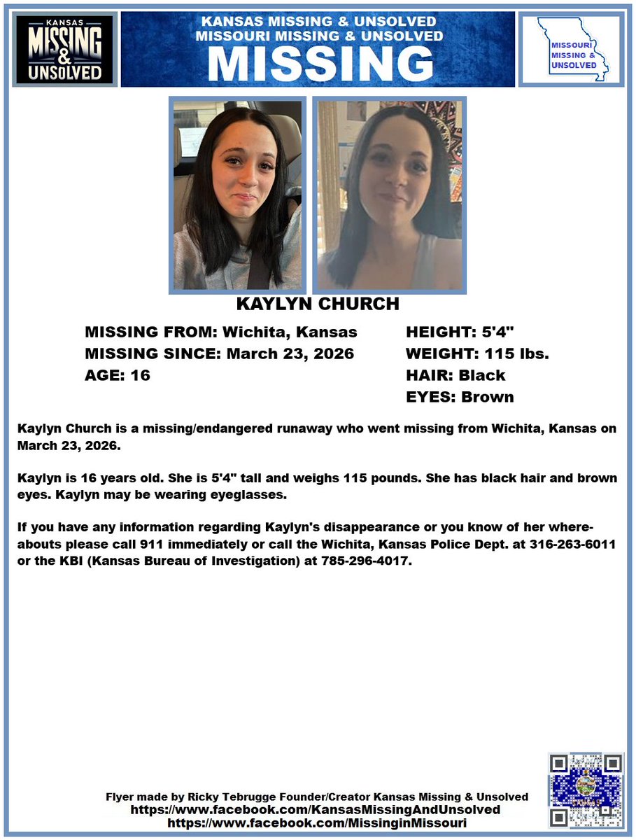 KansasMissing's tweet photo. #MISSINGPERSON STILL #MISSING!!! PLEASE CONTINUE TO SHARE/PRINT/POST!!! KAYLYN CHURCH (WICHITA, KANSAS)!!!
#KansasMissing
#KansasMissingPerson
#MissingInKS
#MissingInKansas
#MissingKansan
#Wichita
#Kansas
@AnnetteLawless https://t.co/qMAxssxuC8