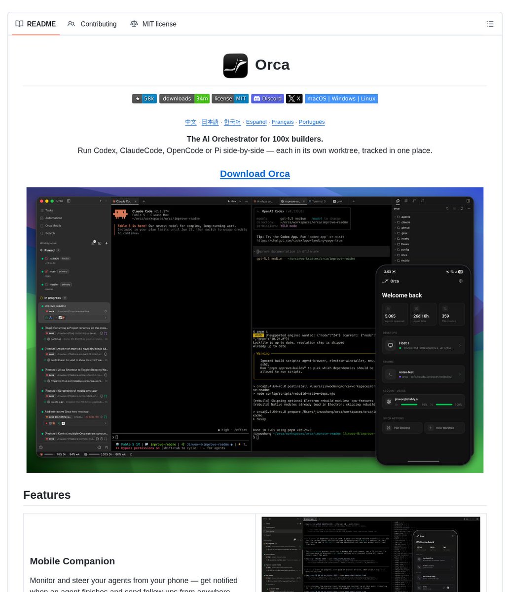 Orca README showing multiple CLI agents running side by side in separate worktrees with a mobile companion app