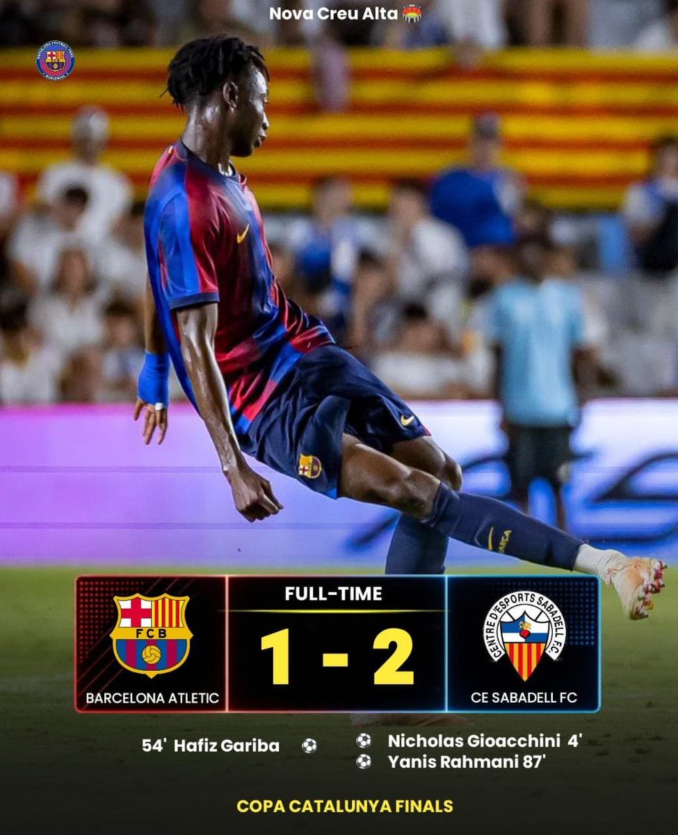 Barceloneactual's tweet photo. 🔵🔴FULL TIME

Le Barça Atlètic a perdu la finale de la Coupe de Catalogne (2-1) face au CE Sabadell. 🏆

La saison commence ce week-end. Il est temps de tourner la page et de se concentrer sur la vraie bataille qui s'annonce. https://t.co/e5Chc43xFI