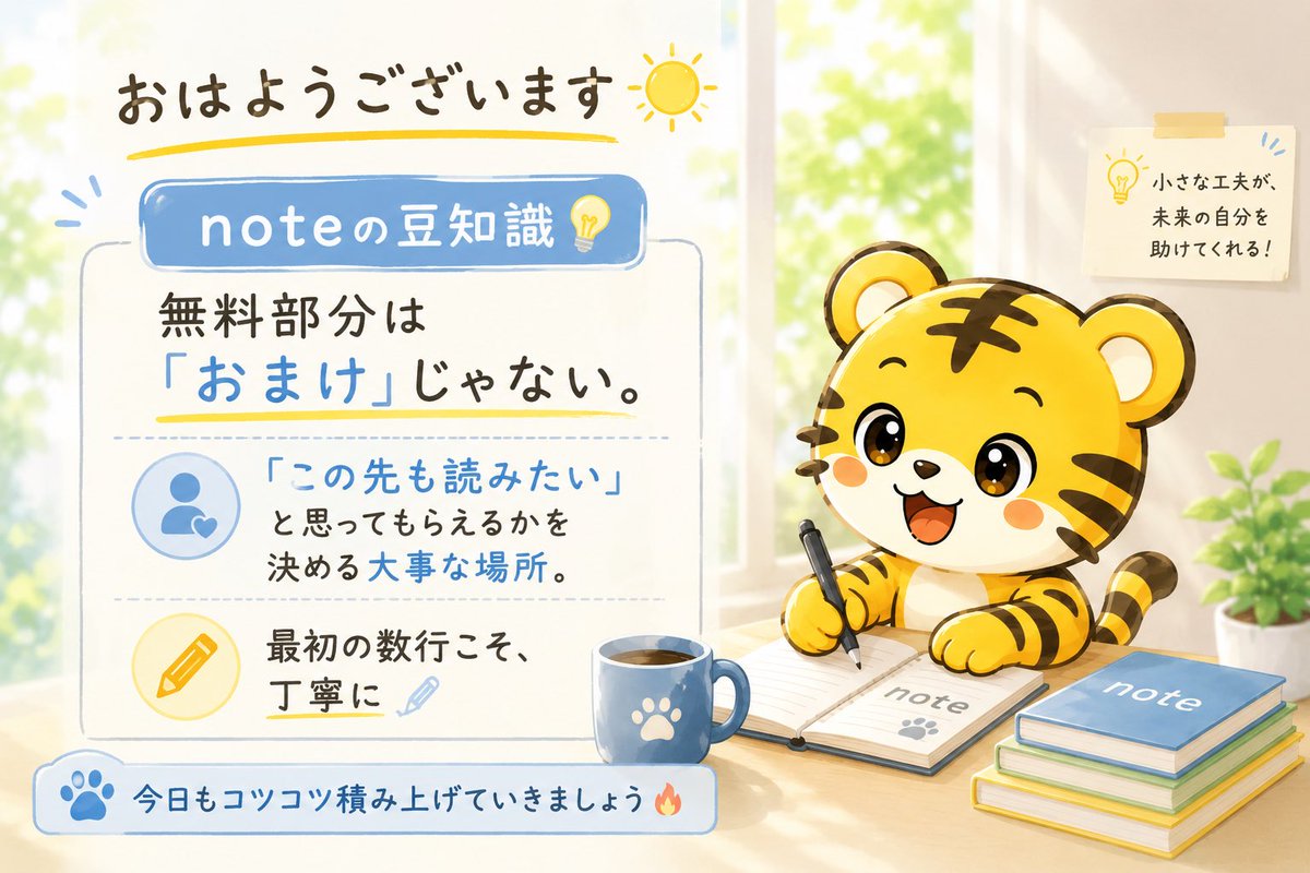 tora_xnote's tweet photo. おはようございます☀️

noteの話💡
無料部分は「おまけ」じゃない。

「この先も読みたい」
と思ってもらえるかを決める大事な場所。

最初の数行こそ、丁寧に✍️

今日もコツコツ積み上げていきましょう🔥 https://t.co/FxVbXSCEc7