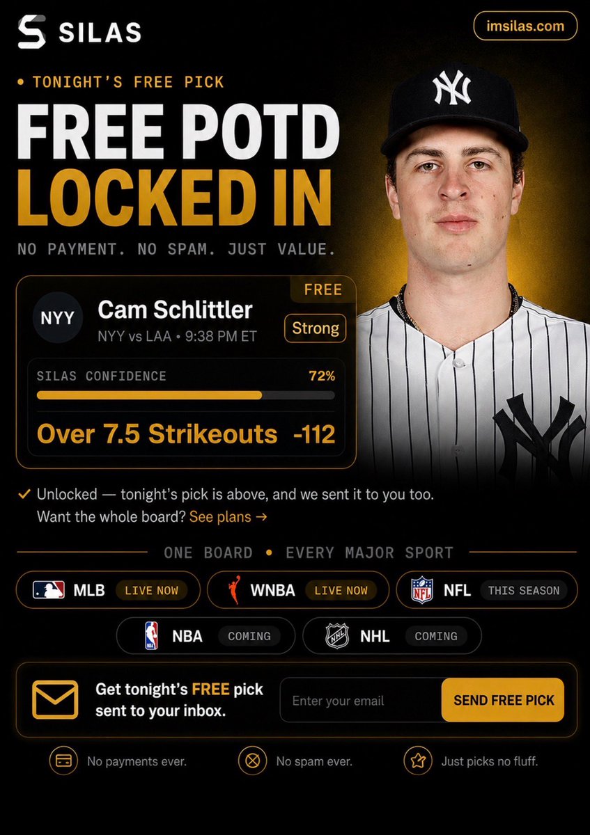 SilasSignals's tweet photo. Cam Schlittler Over 7.5 Strikeouts (-112)
72% SILAS confidence. Tonightโs free play is locked in and ready to go.
Want more than just a free potd?
๐๐ผhttps://t.co/eTBe7yhfAz
๐ https://t.co/eTBe7yhfAz
#SILAS #FreePOTD #MLB #PlayerProps #SportsBetting https://t.co/TIejNa5ru2