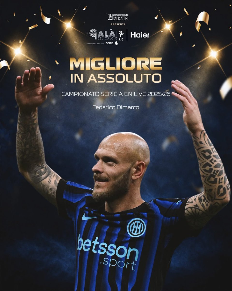 assocalciatori's tweet photo. ✨GGDC26✨
Federico Dimarco è il Migliore in Assoluto del campionato Serie A Enilive 2025/26🏆
#GGDC26 #AIC #SerieA #Haier #TeatroallaScala https://t.co/3f2xwTNuNT