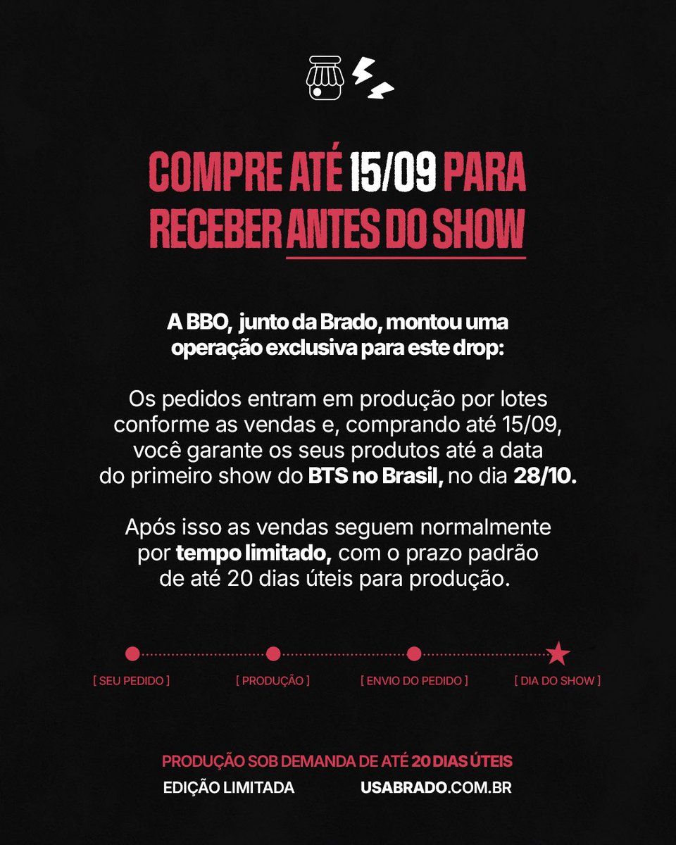 btsbrasil_on's tweet photo. Agora ficou mais fácil escolher seu look pro show 🔥

Em parceria com a BRADO, criamos peças pensadas pro ARMY e pro maior evento do ano: a passagem do BTS pelo Brasil! 🇧🇷

Acesse https://t.co/aGwsgagjUN e confira 🖤 https://t.co/lutei6Tc5b