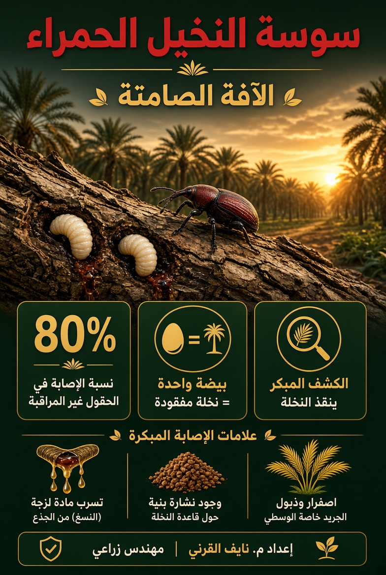 EngNayefq's tweet photo. سوسة النخيل الحمراء ليست حشرة عادية… هي آفة صامتة تقتل النخلة من الداخل قبل ما تشوف أي علامة بأسابيع.
في الحقول غير المراقبة قد تصل الإصابة لمستويات كارثية.
بيضة واحدة كافية لفقدان نخلة كاملة إذا تأخر التدخل.
أهم علامات الإنذار المبكر: • إفرازات بنية كريهة الرائحة من الجذع
• نشارة خشبية رطبة حول القاعدة
• اصفرار السعف أو ميل رأس النخلة
الكشف المبكر = إنقاذ النخلة.
التأخير = خسارة مؤكدة.
افحص نخلك دورياً… الثروة النباتية تستاهل.
#سوسة_النخيل #الثروة_النباتية #الزراعة #النخيل #نادك #مهندس_زراعي