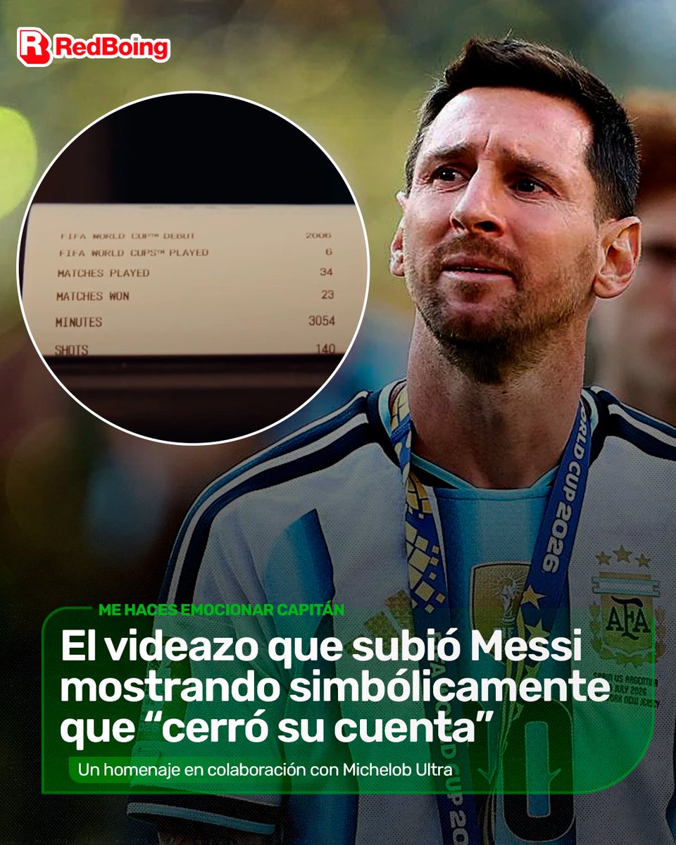 radioboing's tweet photo. MESSI CERRÓ SU CUENTA Y DEJÓ UN RECIBO CON TODO SU LEGADO

🍻 Lionel Messi compartió un video junto a Michelob Ultra en el que aparece en un bar y, de manera simbólica, pide la cuenta antes de marcharse. El detalle final es el que se llevó todas las miradas: un recibo que repasa los grandes logros de su carrera.

🐐 La pieza funciona como un homenaje a una trayectoria extraordinaria y enumera los momentos que convirtieron al argentino en una de las máximas figuras de la historia del fútbol. Una forma original de resumir todo lo que dejó el 10 dentro de una cancha.

🇦🇷 La publicación llegó después de su despedida de la Selección Argentina y volvió a alimentar una discusión que parece cada vez más instalada entre sus fanáticos: cuando se habla de Messi, el legado ya trascendió cualquier estadística.