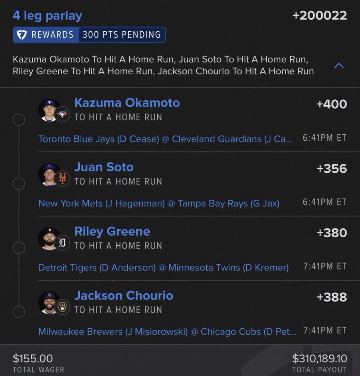 GamblingParlab's tweet photo. 🔥 4-LEG HOME RUN PARLAY 🔥

Four bats. Four home run calls. One massive ticket. 💰⚾

Okamoto HR ✅ Soto HR ✅ Greene HR ✅ Chourio HR ✅

$155 → $310,189.10 TOTAL PAYOUT 💵🔥

The odds are crazy, but that’s exactly why the reward is HUGE. No talking, no doubting—let the bats do the talking. 🎯💣

ONE SWING EACH. LET’S CASH THIS! 🤑⚾🔥

@Playbook