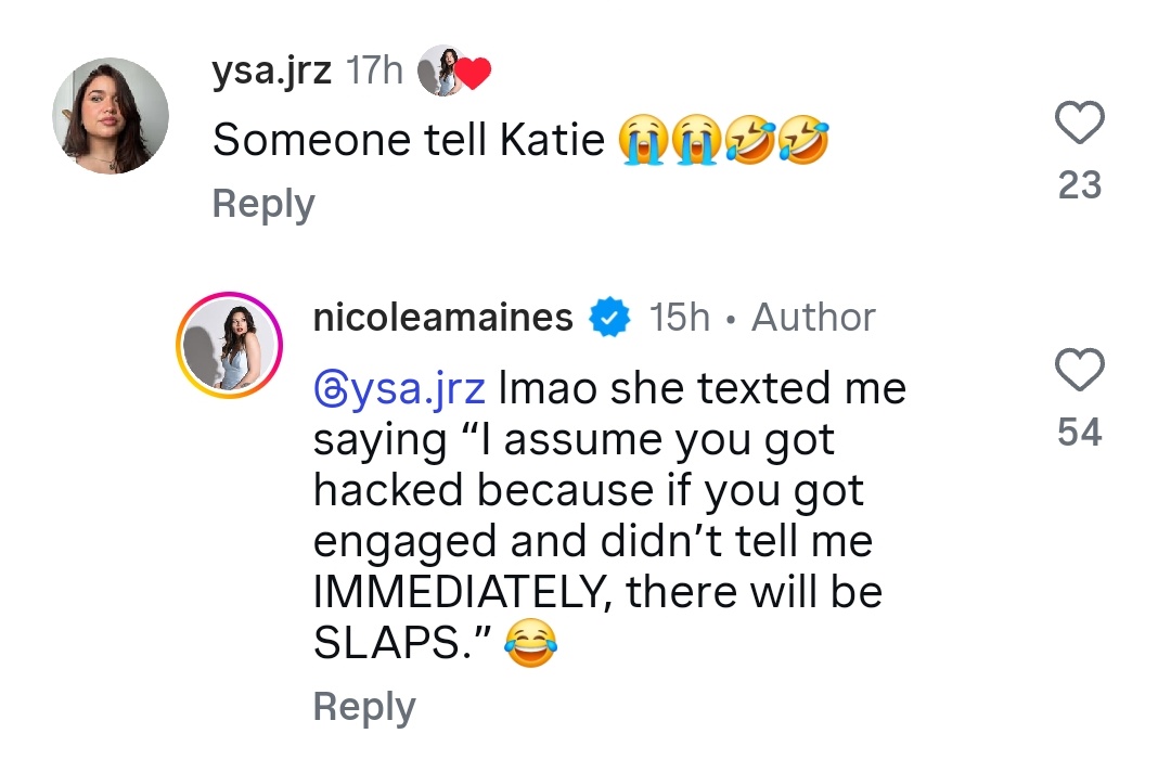 DerpSwan's tweet photo. This is the most typical Katie McGrath reaction and it is sending meeeee, of course she threatened to slap her best friend if she withheld news from her 

(For context nicoles email got hacked and sent all her contacts a scam link to a 'wedding invitation') https://t.co/PbKjLyv4Ba