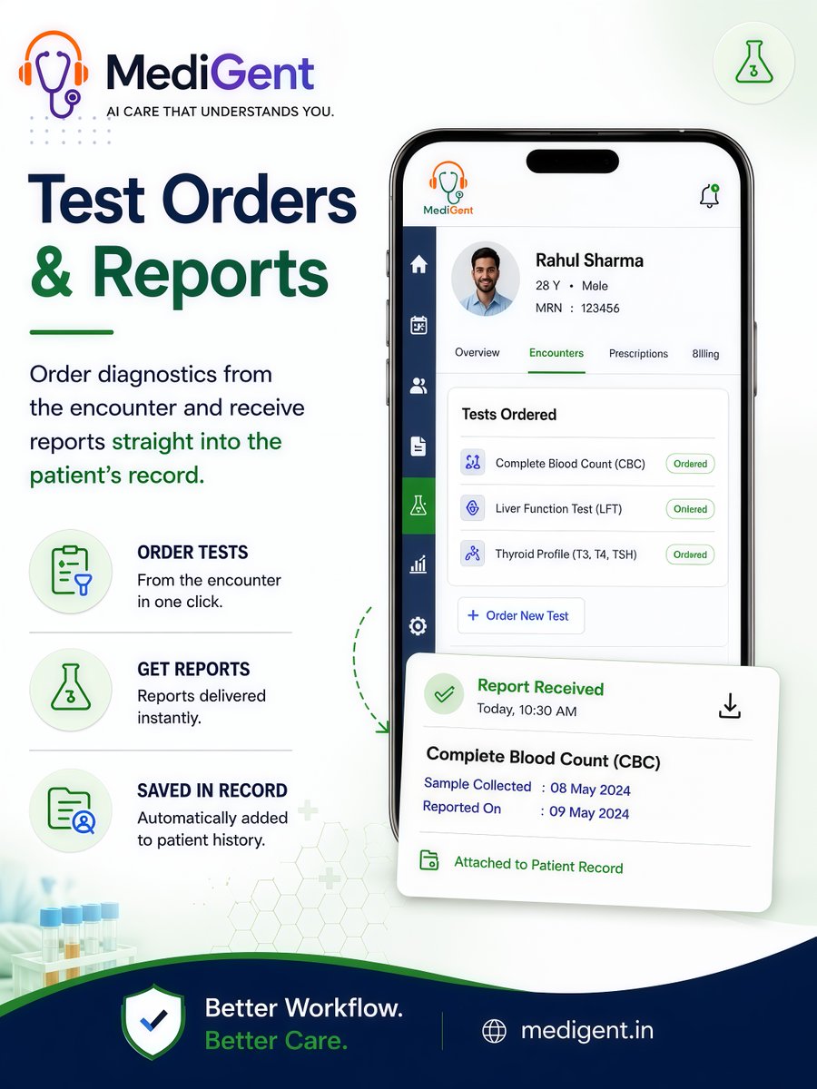 medigent_'s tweet photo. Order tests, receive reports, and keep everything connected to the patient record. 🩺 MediGent AI makes diagnostic management simpler, faster, and more organized—so doctors can spend less time managing reports and more time caring for patients. Explore smarter healthcare workflows at https://t.co/TqN8qbyPbc.