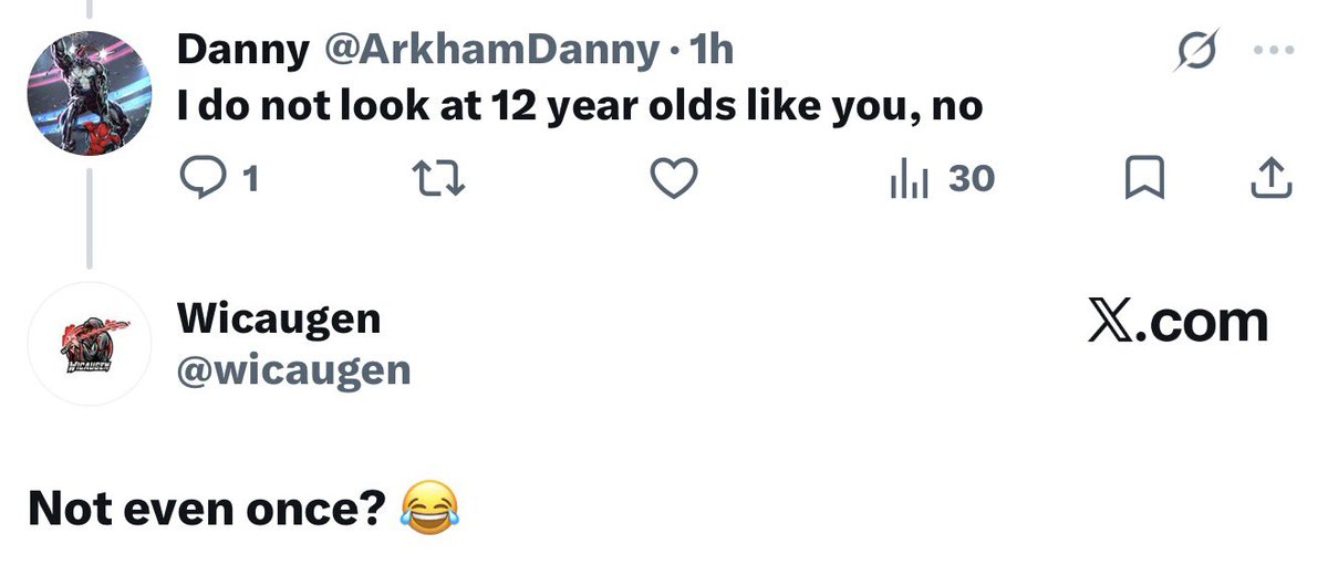 ArkhamDanny's tweet photo. @wicaugen You’re a pedophile 😂 https://t.co/UjvfbvcoTZ