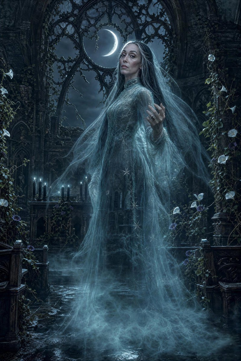 HgbrdCeline's tweet photo. QT Your Ghost Bride
#Bella - "The Vow She Kept" - #LyraAI #GPTImage2
'They said the wedding never happened.
It did. She married the night — the crescent moon her witness, the ring her only guest.
She isn't waiting. She's holding court.' https://t.co/bT3UW0DkZ3