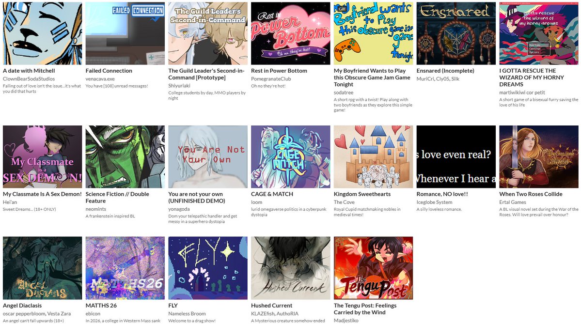 YaoiJam's tweet photo. Yaoi Game Jam 2026 is officially over!!🎉🎉🎉

A big thank you to everyone that participated. This year we received 61 submissions!

Make sure to rate and leave comments on any of the games that you play to let the devs know your thoughts.

Happy gayming!

https://t.co/OBadxS87v6 https://t.co/YYxQPetGTo