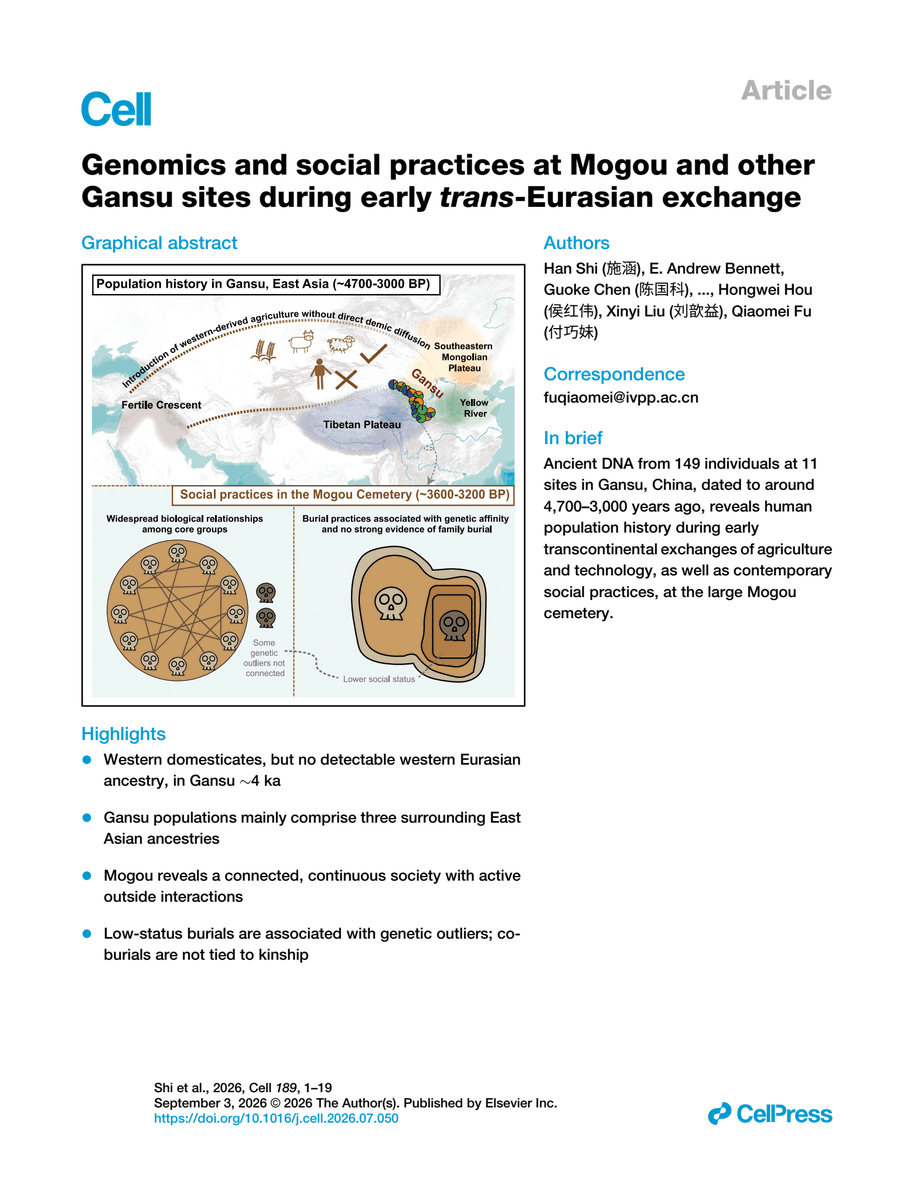 CellPressNews's tweet photo. Genomics and social practices at Mogou and other Gansu sites during early trans-Eurasian exchange. 

Learn more in Cell: https://t.co/S5hTJlREzB

Qiaomei Fu &amp; colleagues
@cellcellpress https://t.co/vkDwSBcqVa