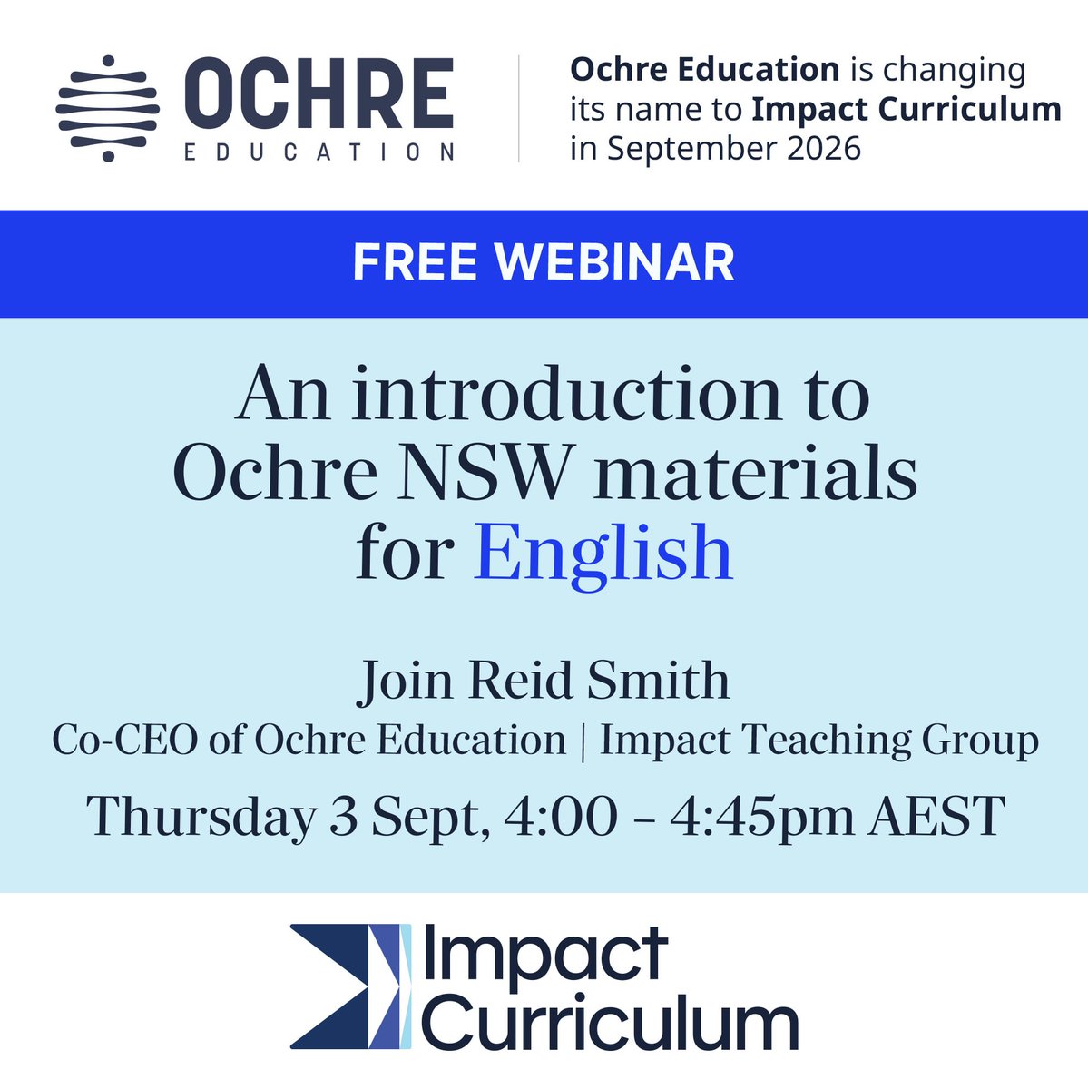 ImpCurriculum's tweet photo. NSW teachers and school leaders!

Free webinar today Thursday 4 September 4 pm AEST:

An introduction to Ochre NSW materials for English 

Join Reid Smith, Co-CEO of Ochre Education/Impact Teaching Group, for an introduction to Ochre's NSW materials for English – how they align to the NSW syllabus, how they're created and used, and how schools can adapt them for their context. 

Thursday 3 September – 4 pm AEST

Register – https://t.co/mhgakQmmos

#Education #NSWSyllabus #Teaching #Ochre #curriculum